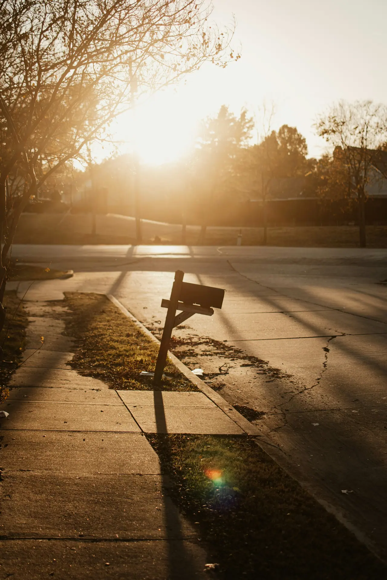 A curbside mailbox on a wooden post in low evening sun, long shadows across the sidewalk.